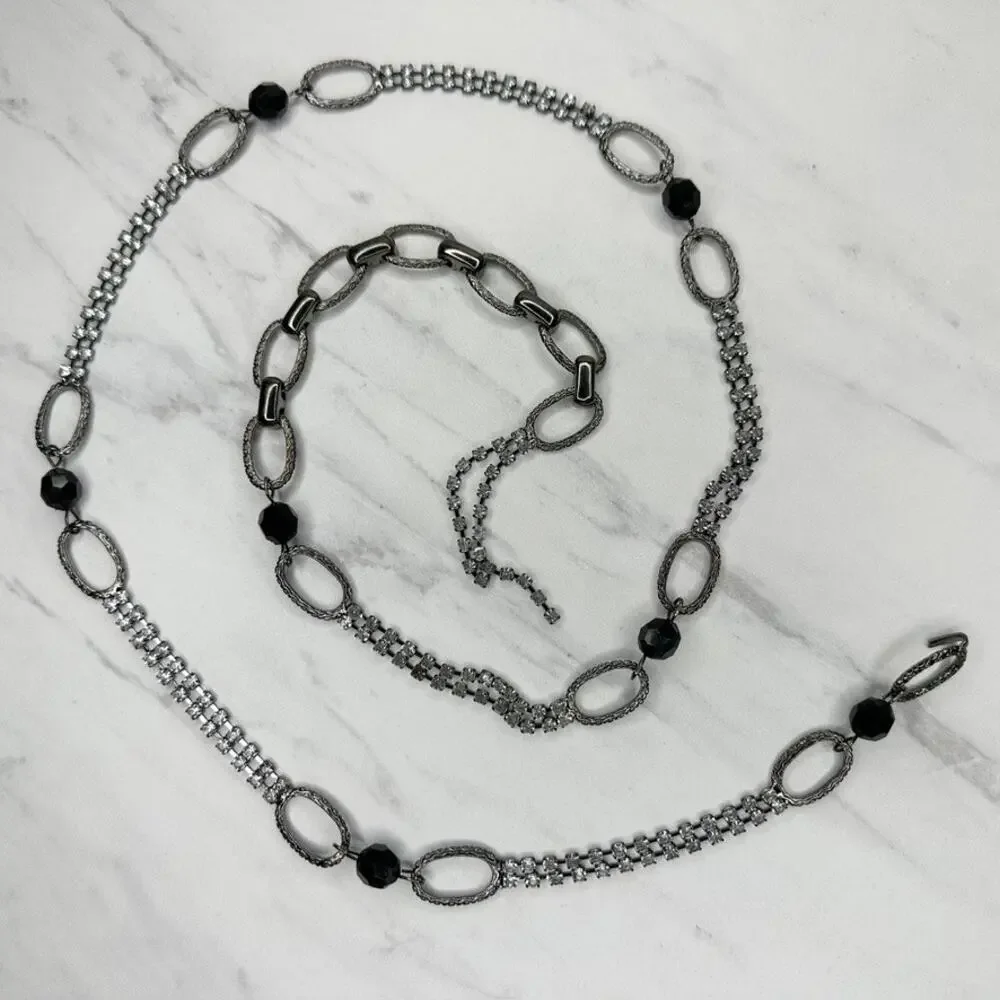 Womens Rhinestone Studded Black Beaded Chain Link Belt Large (L/XL) ✨